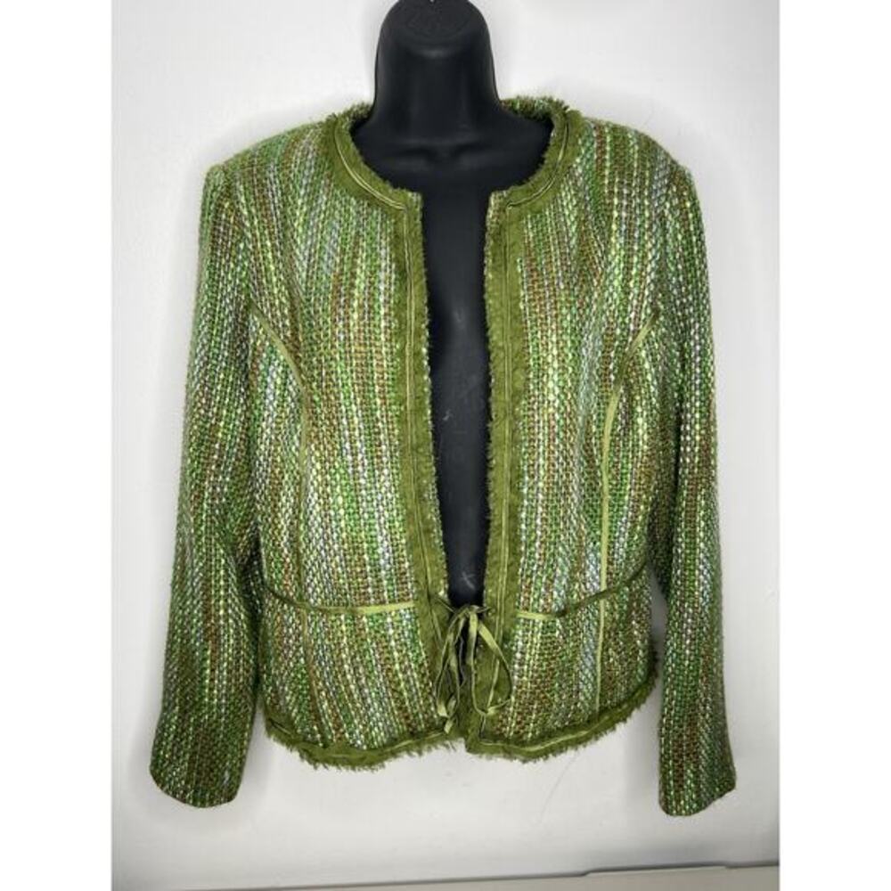 Robbie Bee Green Lined Tweed Jacket Blazer Lace Trim Women’s Size Medium